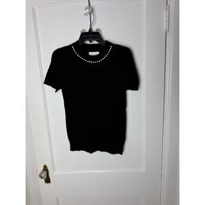 ELLE Women's Black Mock Neck Short Sleeve Bling Rhinestone Cable Knit Sweater XS